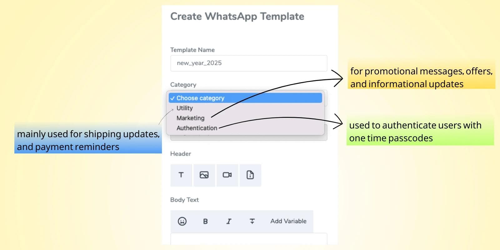 whatsapp template catagory